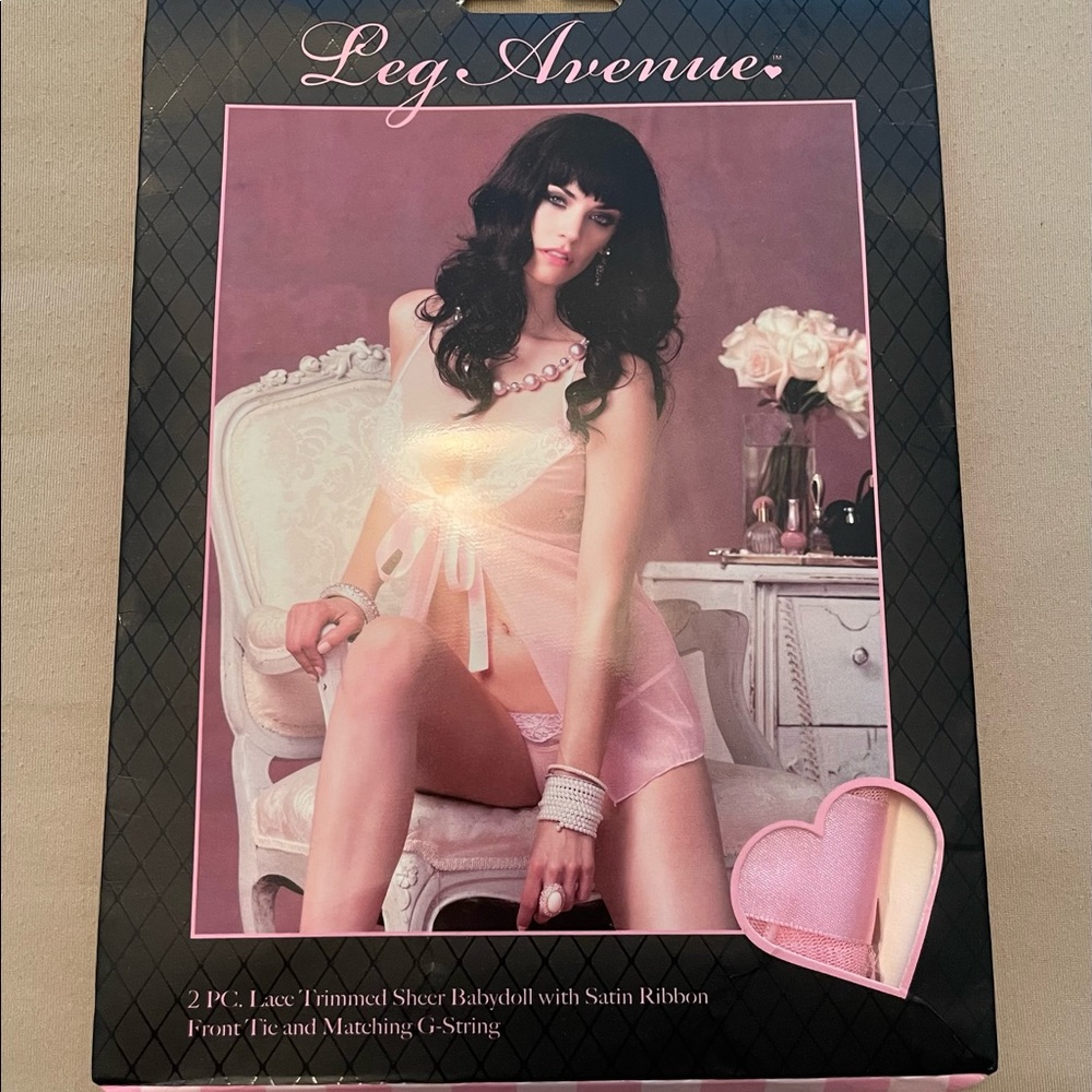 Leg Avenue 2 piece lace trimmed sheer babydoll in beautiful pink. One size. NWT.